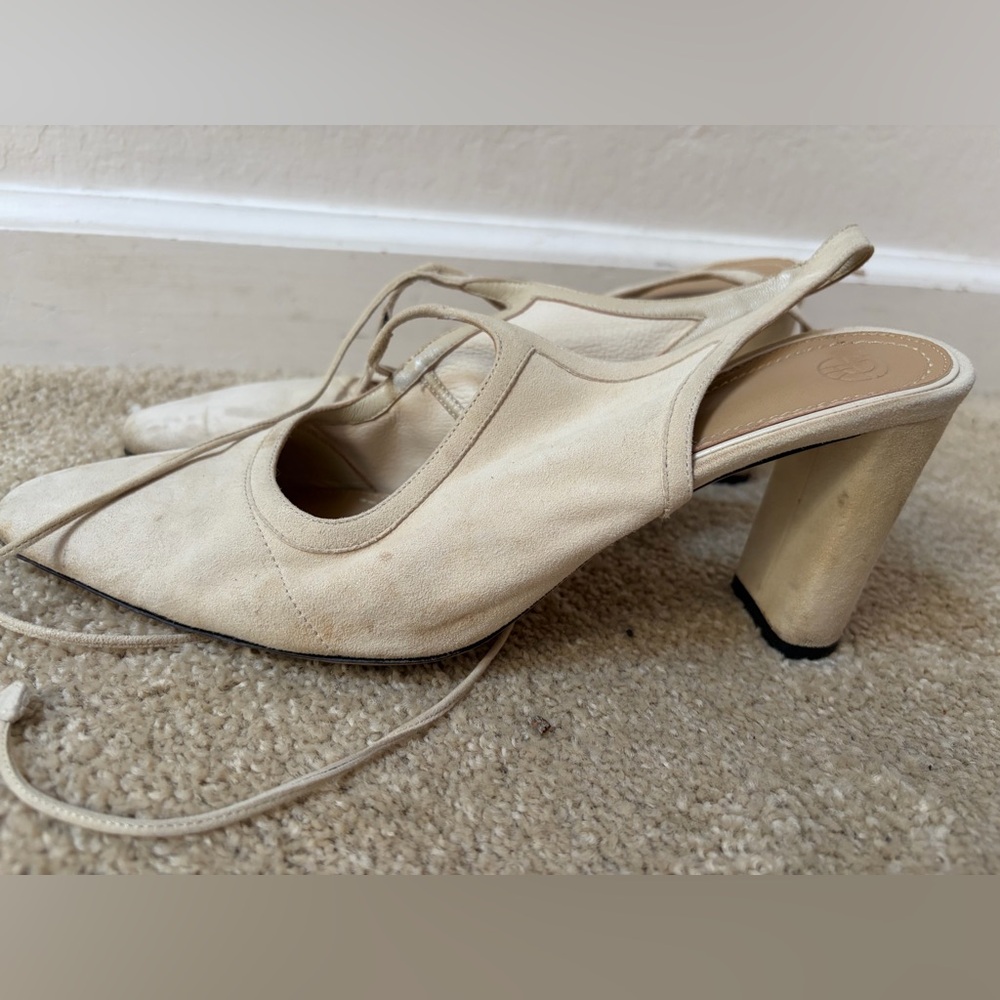 The Row Cream Lace-Up Slingback Block Heels